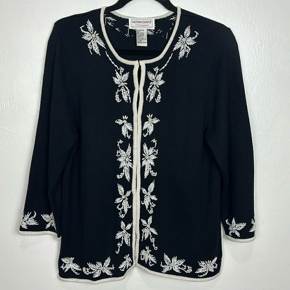 Victor Costa Occasion Vintage Cotton Blend Beaded Cardigan Sweater Size S